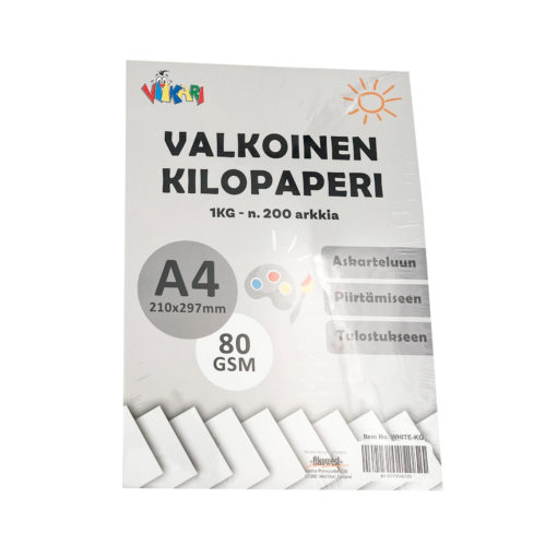 Pakkaus valkoista A4-paperia, jossa on merkintä Valkoinen Kilopaperi, 80 GSM, paino 1 kg (n. 200 arkkia). Pakkauksessa on käsityö-, piirustus- ja painokuvakkeita sekä suomenkielinen teksti.